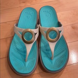 Off white and gold crocs